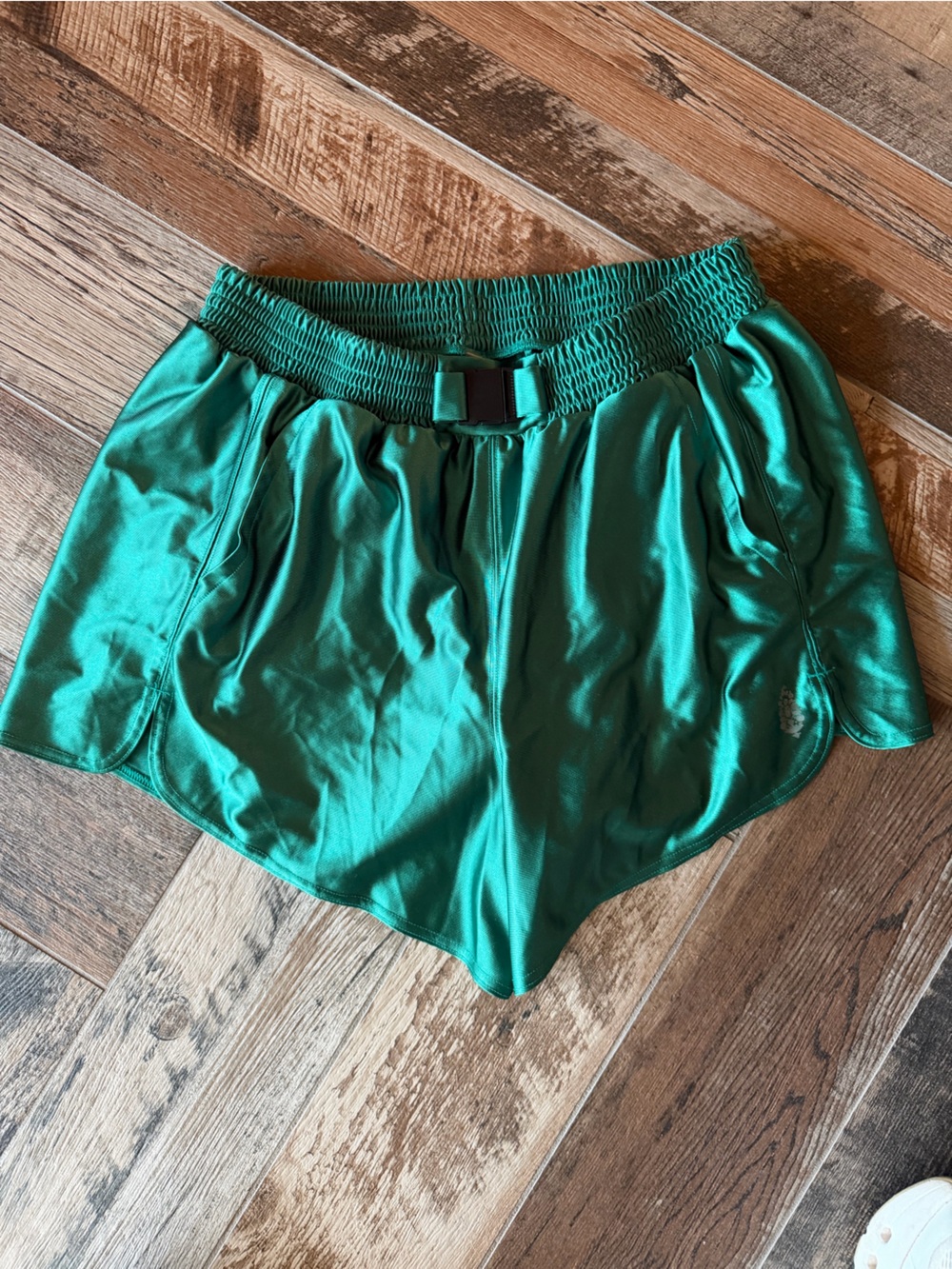 FP Movement by Free People Emerald Green Satin Athletic Shorts with Buckle Waist